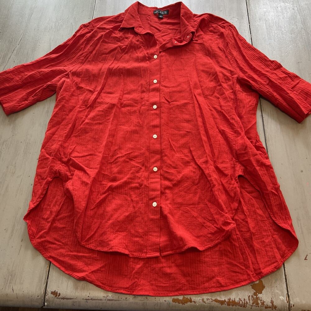 J Crew Red Cotton Button Up Shirt Women’s Sz S Oversized Beachy Coastal Preppy